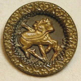 Antique Vintage Metal Button Victorian Brass Horse Rarin To Go A10