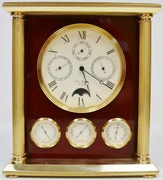 Rare Jean Roulet Le Locle Calendar Mantel Clock With Red Enamel And Brass Case