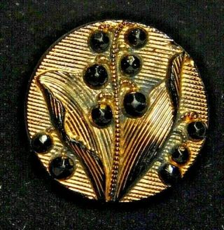 Stunning Sm Antique Victorian Luster Glass Button Lily Of The Valley Deep Gold