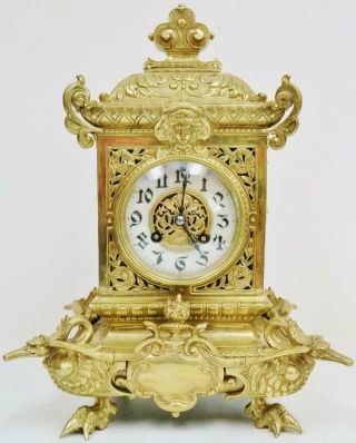 Antique French 8day Pierced Bronze Ornate Design Cube Style Mantle Clock