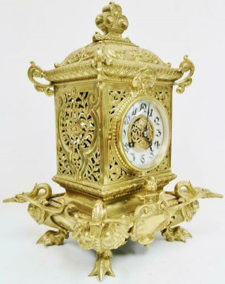 Antique French 8Day Pierced Bronze Ornate Design Cube Style Mantle Clock 3