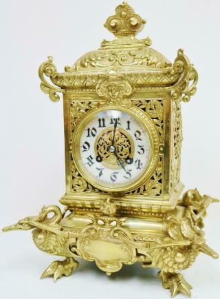 Antique French 8Day Pierced Bronze Ornate Design Cube Style Mantle Clock 6