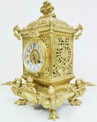 Antique French 8Day Pierced Bronze Ornate Design Cube Style Mantle Clock 7