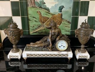 French Bronze And Marble Maiden Garniture Clock