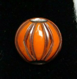 Small Antique Vintage Button Solid Orange Glass With Gold Stripes D16