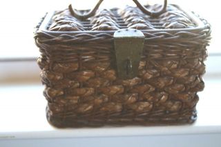 Victorian Sewing Basket Bamboo Wicker Brass Hardware Antique