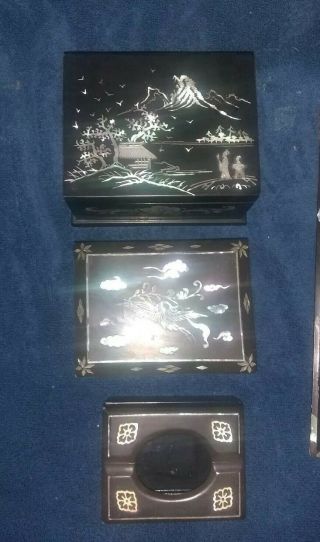 3 Black Laquer Boxes And A Tray,  All With Inlaid Mother Of Pearl.