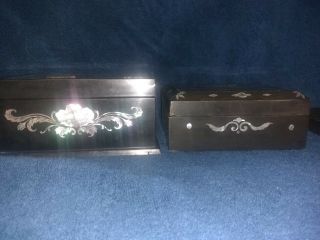 3 Black laquer boxes and a tray,  all with inlaid mother of pearl. 3