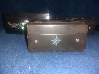 3 Black laquer boxes and a tray,  all with inlaid mother of pearl. 4