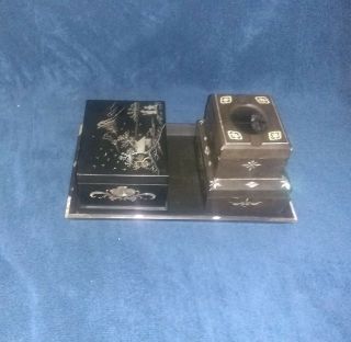 3 Black laquer boxes and a tray,  all with inlaid mother of pearl. 8