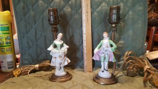 Vintage,  Brass,  With Porcelain Victorian Couple,  Made In Germany,  Boudoir Lamps