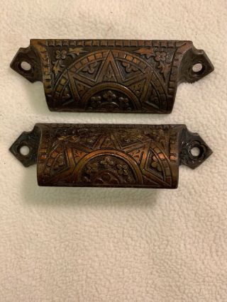2 Antique Ornate Eastlake Victorian Cast Iron Bin Pulls Drawer Handles