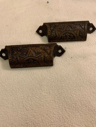 2 Antique Ornate Eastlake Victorian Cast Iron Bin Pulls Drawer Handles 2