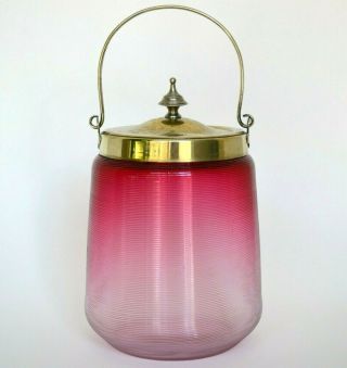 Antique Victorian Cranberry Threaded Glass Biscuit Jar Barrel Handle Lid Metal