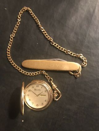 Bulova Pocket Watch Model With Pocket Knife And Chain Qye6 Gold