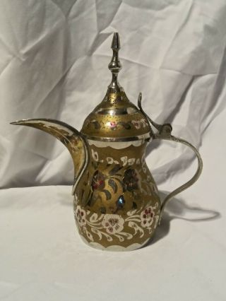Antique 6.  75 Inch Arabic Brass/silver Dallah Bedouin Coffee Pot Floral Etchings