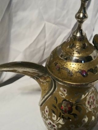 Antique 6.  75 Inch ARABIC Brass/Silver Dallah Bedouin COFFEE POT Floral Etchings 2