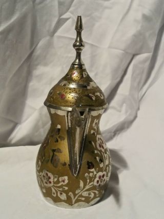 Antique 6.  75 Inch ARABIC Brass/Silver Dallah Bedouin COFFEE POT Floral Etchings 3