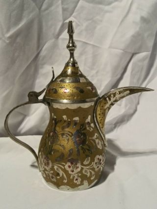 Antique 6.  75 Inch ARABIC Brass/Silver Dallah Bedouin COFFEE POT Floral Etchings 4