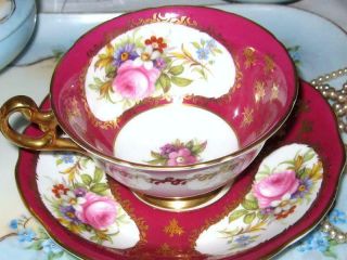 Antique Foley Tea Cup & Saucer Hp Red Fine Bone China Eb 1850 Floral Rose Gold