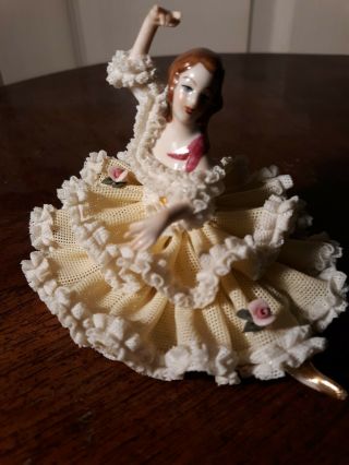 Antique Dresden Germany Yellow White Lace Flowers Ballerina Figure