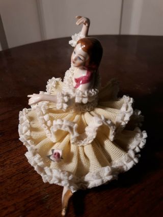 ANTIQUE DRESDEN GERMANY YELLOW WHITE LACE FLOWERS BALLERINA FIGURE 2