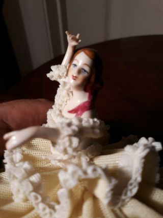 ANTIQUE DRESDEN GERMANY YELLOW WHITE LACE FLOWERS BALLERINA FIGURE 7