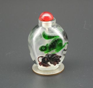 Chinese Peking (cameo) Glass Snuff Bottle,  Green Black Overlay With A Squirrel