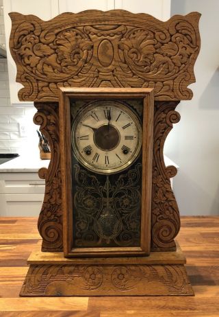 Wm.  L.  Gilbert Gingerbread Style Wooden Mantle Clock W/ Key