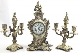 Antique French Mantle Clock Rococo Silvered Bronze 8 Day Garniture Set