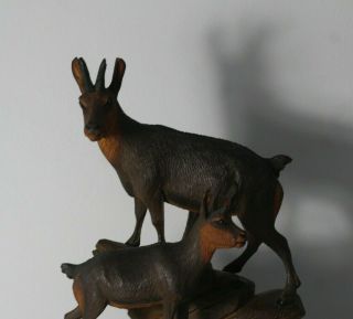 Antique c.  1900 Black Forest Carved Wood Mountain Goats Inset Eyes Statue 2