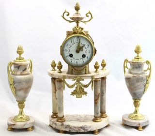 Antique French Mantle Clock 3 Piece Set 8 Day Bell Striking Cream Marble Portico