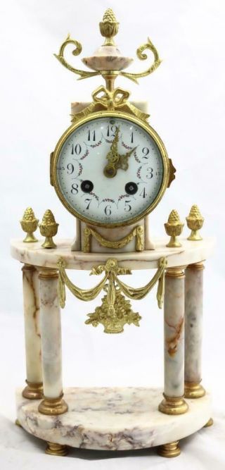 Antique French Mantle Clock 3 Piece Set 8 Day Bell Striking Cream Marble Portico 2