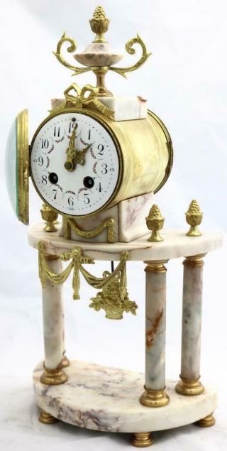 Antique French Mantle Clock 3 Piece Set 8 Day Bell Striking Cream Marble Portico 3