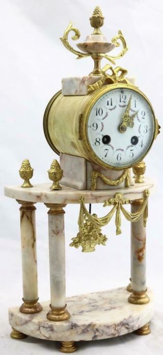Antique French Mantle Clock 3 Piece Set 8 Day Bell Striking Cream Marble Portico 4