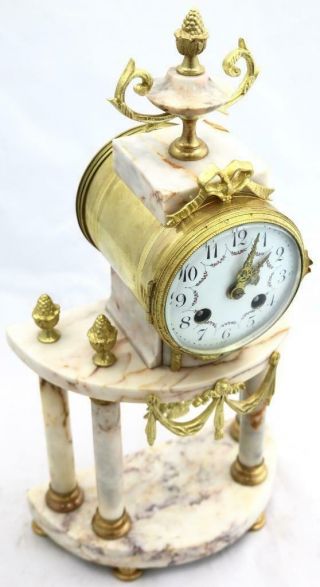 Antique French Mantle Clock 3 Piece Set 8 Day Bell Striking Cream Marble Portico 5