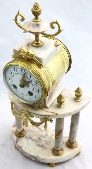 Antique French Mantle Clock 3 Piece Set 8 Day Bell Striking Cream Marble Portico 6