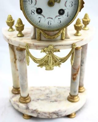 Antique French Mantle Clock 3 Piece Set 8 Day Bell Striking Cream Marble Portico 9