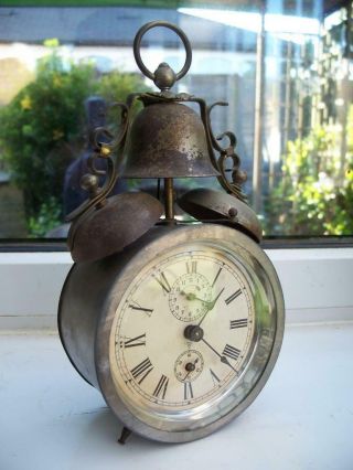 Unusual Antique Thomas Haller 3 Bell Alarm Mantle Clock C1900 - Wecker