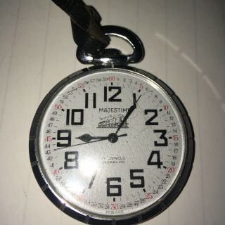 Majestime Railroad Train Pocket Watch Vtg Antique 17 Jewel Silver Tone Running