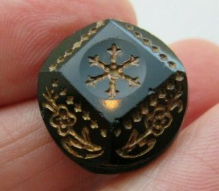 Lovely Antique Vtg Victorian Black Glass Button Incised Gold Luster Design (z)