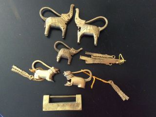 6 Elephant Dog Oriental Chinese Brass Jewelry Chest Cabinet Vintage Locks