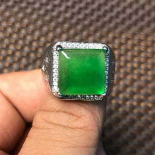 Rare Chinese S925 Silver & Green Jadeite Jade Square Bead Handwork No.  11 - 12 Ring