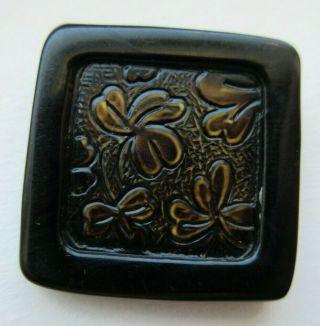 Awesome X Large Antique Vtg Celluloid Picture Button Square W/ Clovers (z)