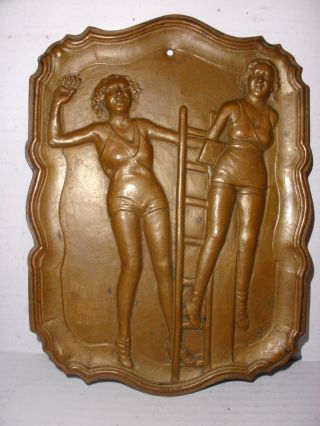 Antique bronze or brass art deco tray plaque two lady`s woman on ladder signed 2