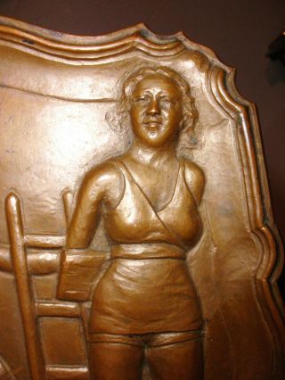 Antique bronze or brass art deco tray plaque two lady`s woman on ladder signed 3