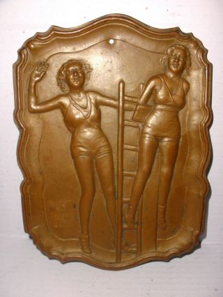 Antique bronze or brass art deco tray plaque two lady`s woman on ladder signed 5