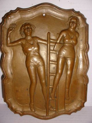 Antique bronze or brass art deco tray plaque two lady`s woman on ladder signed 6