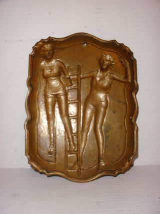 Antique bronze or brass art deco tray plaque two lady`s woman on ladder signed 7