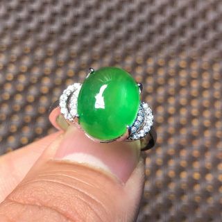 Rare S925 Silver & Green Jadeite Jade Egg Bead Handwork Chinese No.  6.  5 - 11 Ring